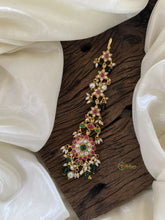 Red White Green Precious Kundan Jadau Maang Tikka -Floral-Green Bead and Rice Pearls - J2028